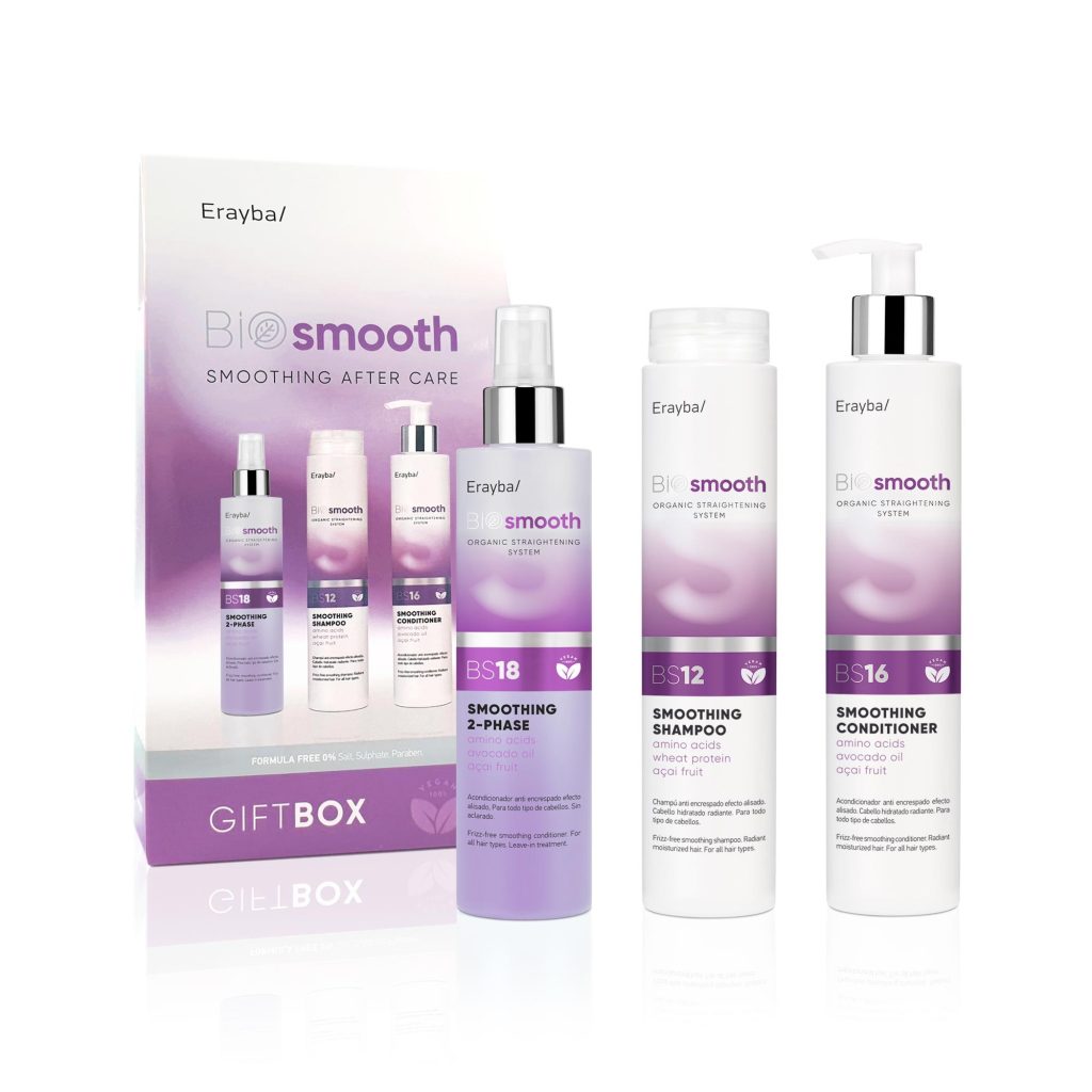 Pack anti encrespado efecto alisado, con aminoácidos e ingredientes activos naturales Bio Smooth Vegano Gift Box Erayba