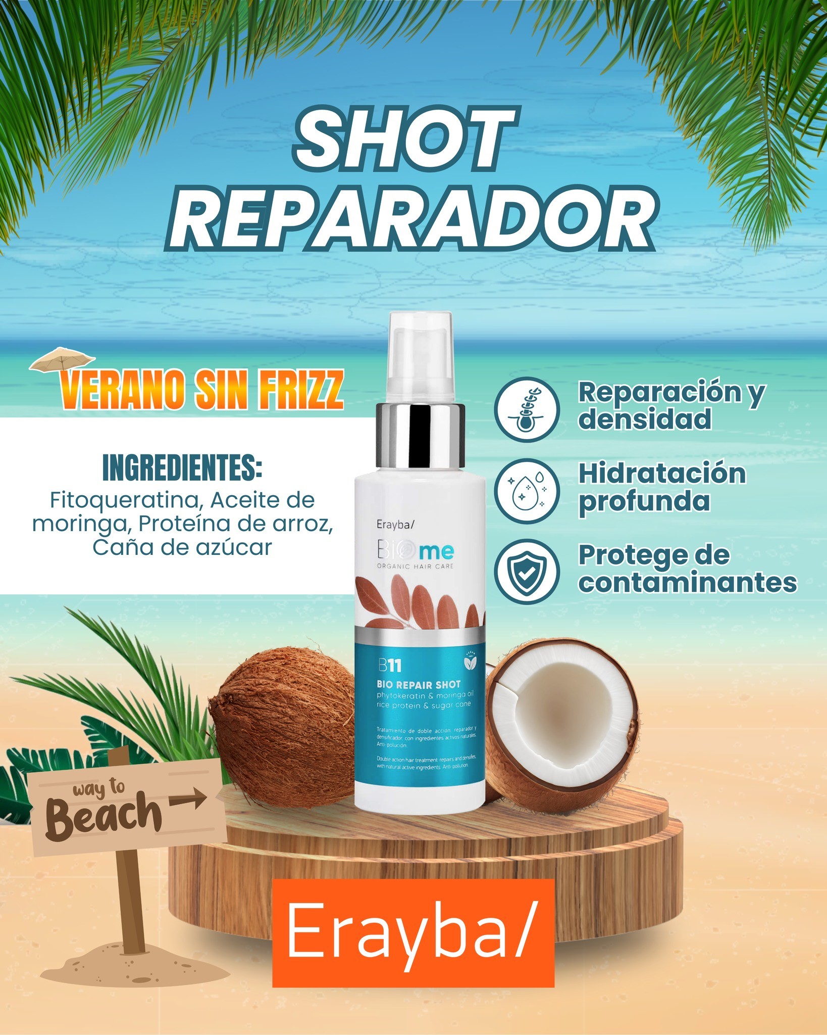 Tratamiento reparador y densificador, con ingredientes activos naturales B11 Biome Reapair Shot 100 ml. Erayba