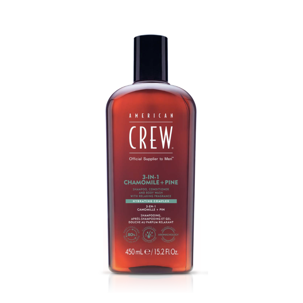 American Crew 3-in-1 Champú, Gel de baño y acondicionador con aroma a manzanilla y pino 450 ml.