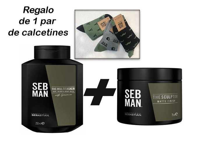 Pack Sebman Champú 3/1 Multitasker + Cera peinado Mate The Sculptor para cuidado masculino y estilo duradero + Regalo Calcetines