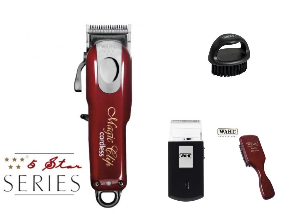 Pack Compo Magic Clip 5 estrellas, maquina afeitadora Wahl de viaje, Cepillo Barber Wahl, Cepillo Face Wahl
