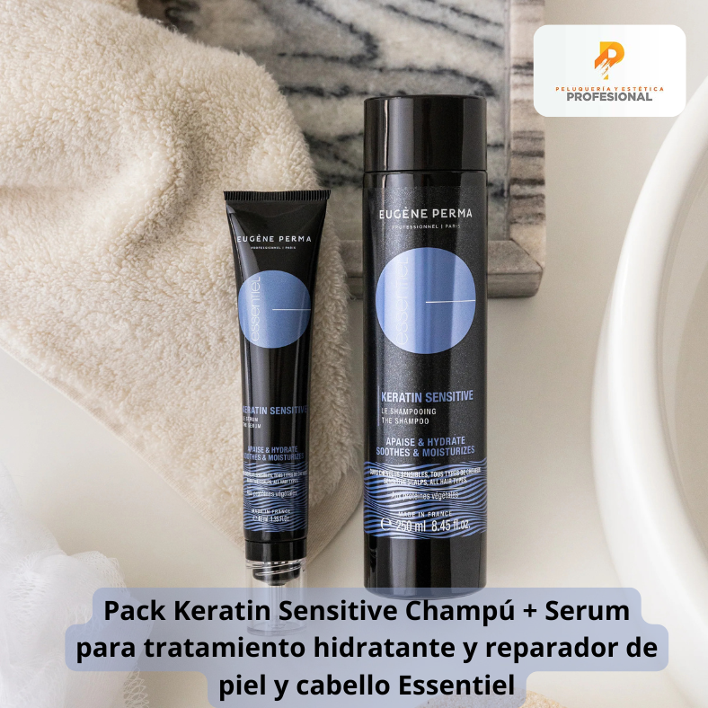 Pack Keratin Sensitive Champú + Serum para tratamiento hidratante y reparador de piel y cabello Essentiel